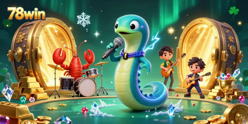 Engage with 78win in a vibrant underwater casino scene featuring a jazzy electric eel DJ.