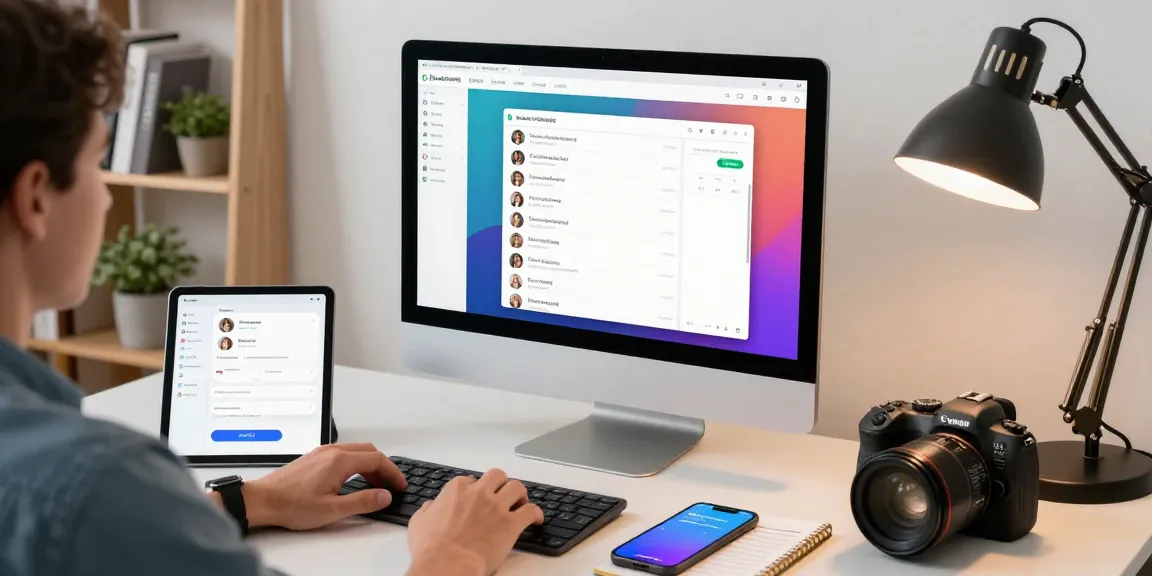 Using WhatsApp電腦版 on a sleek desktop in a modern workspace.