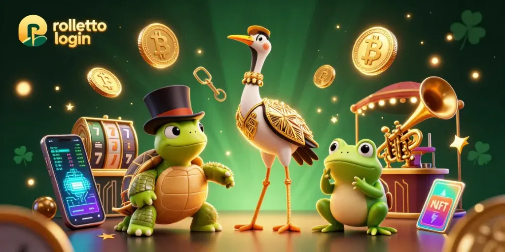 Experience the excitement of rolletto login with vibrant casino characters and crypto elements in this colorful illustration.