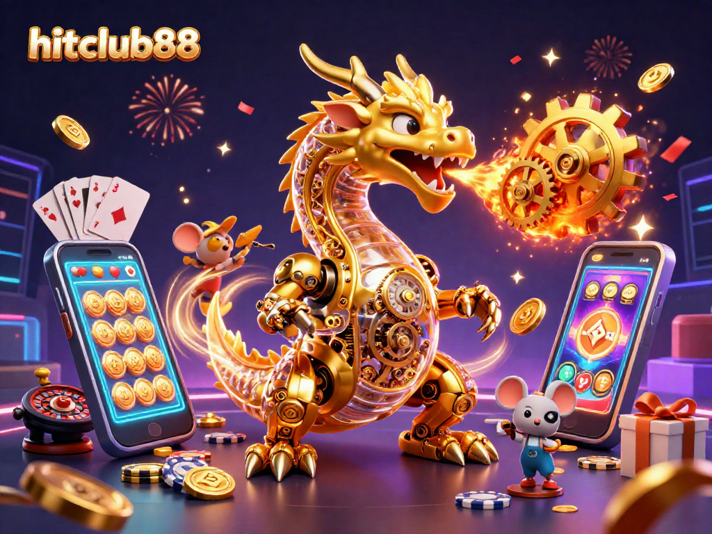 Experience thrilling wins with hitclub88, featuring a golden dragon amid casino games and jackpot glory.