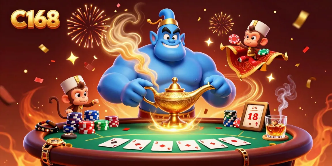Experience remarkable wins with C168 in this energetic casino scene featuring poker elements and a magical genie.