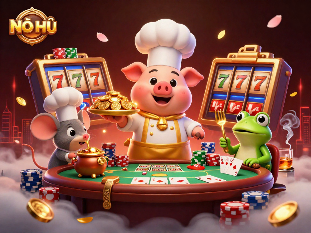 Experience NỔ HŨ with an engaging visual of characters enjoying casino gold coins, slot reels, and exciting game elements.