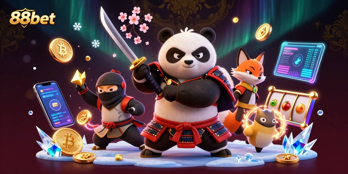 Engage in thrilling gameplay at 88bet with a dynamic scene featuring characters and crypto elements.