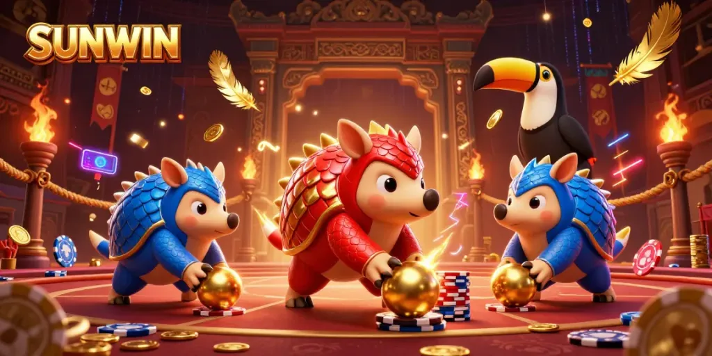 Experience thrilling gameplay with SUNWIN as rival pangolins battle over golden poker chips in a vibrant casino arena.