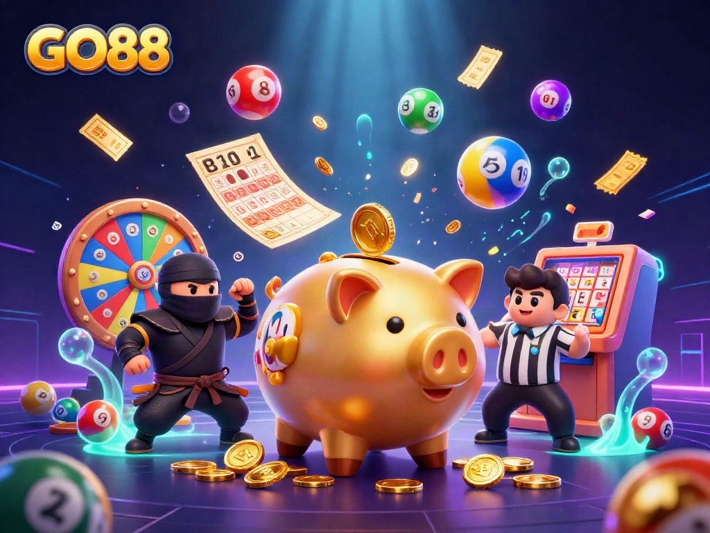 Engaging GO88 illustration with a sumo piggy bank and gaming elements in a vibrant casino scene.