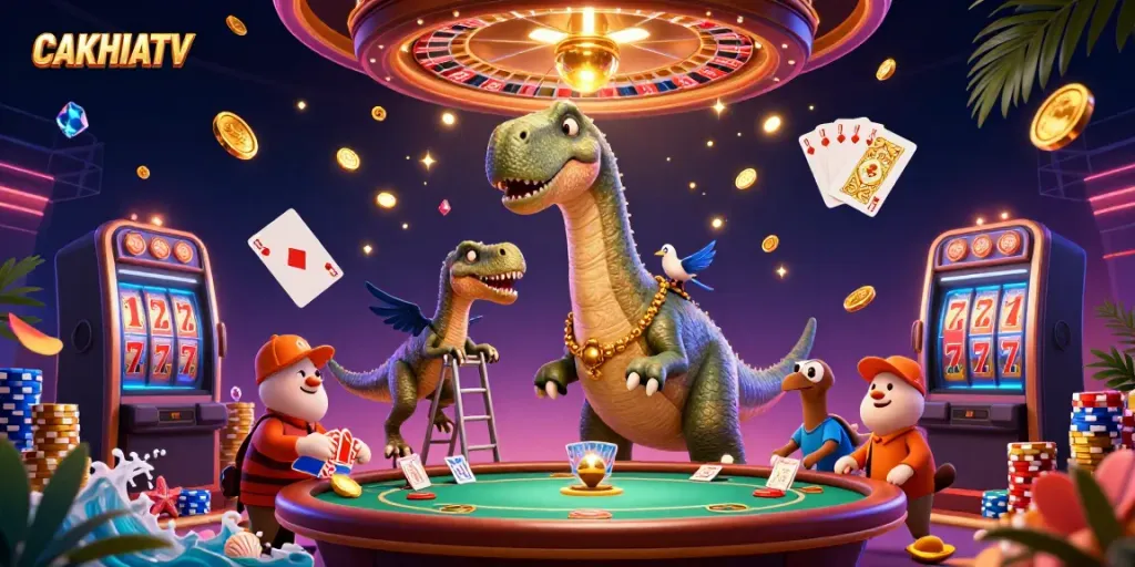 CAKHIATV cung cấp không gian sôi động với khủng long 3D và bàn poker trong thế giới cờ bạc.