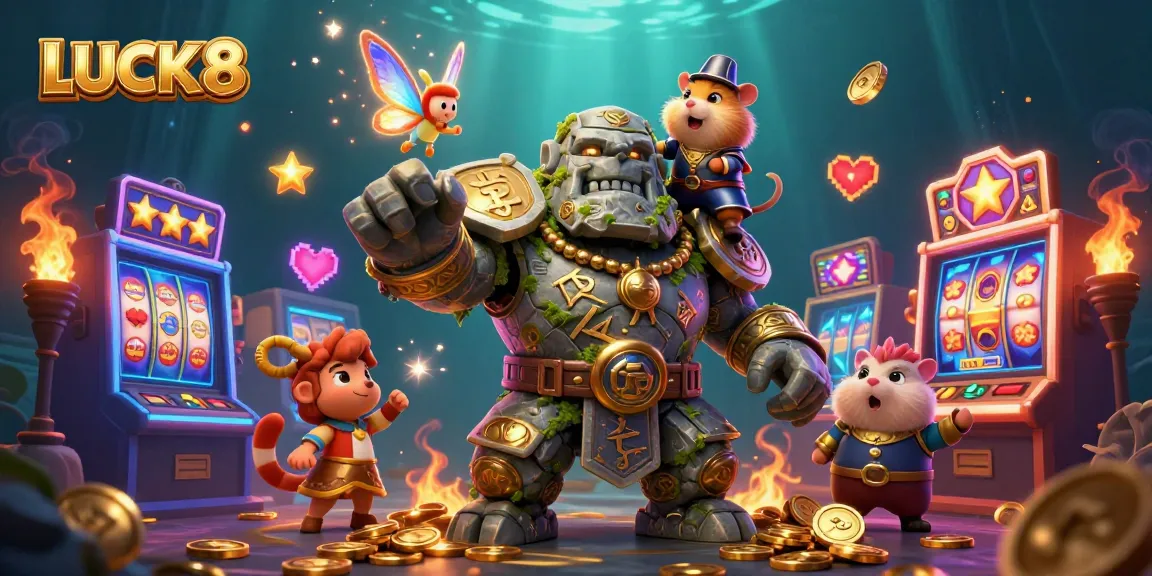 Experience the thrill of LUCK8 gaming with vibrant slot machines, golden characters, and magical elements.