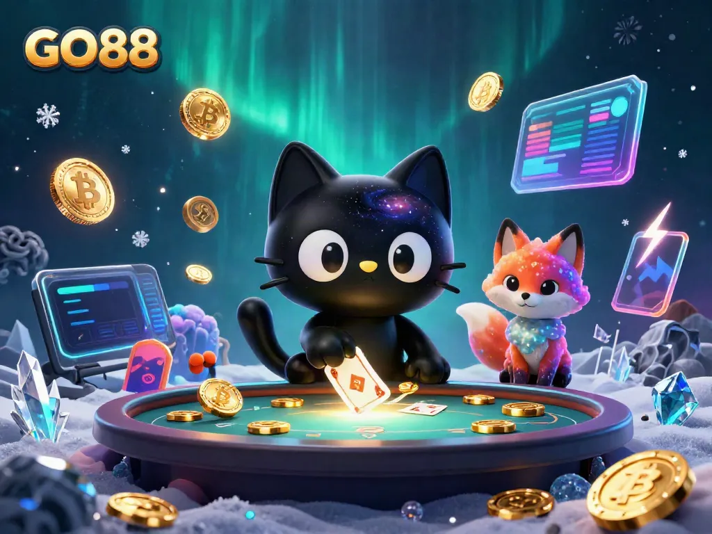 Engage with GO88's cosmic casino-themed image showcasing a black hole cat character attracting golden chips and cards.