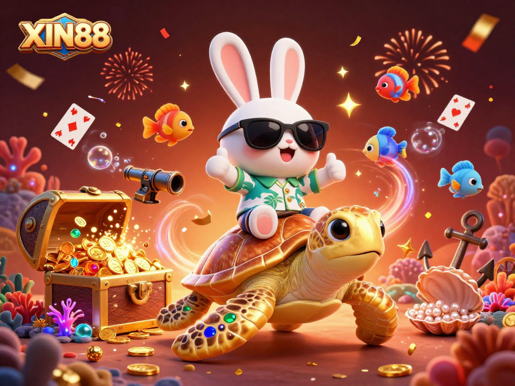 XIN88 celebrates winning gameplay with a lucky rabbit and golden turtle amidst vibrant underwater treasures.