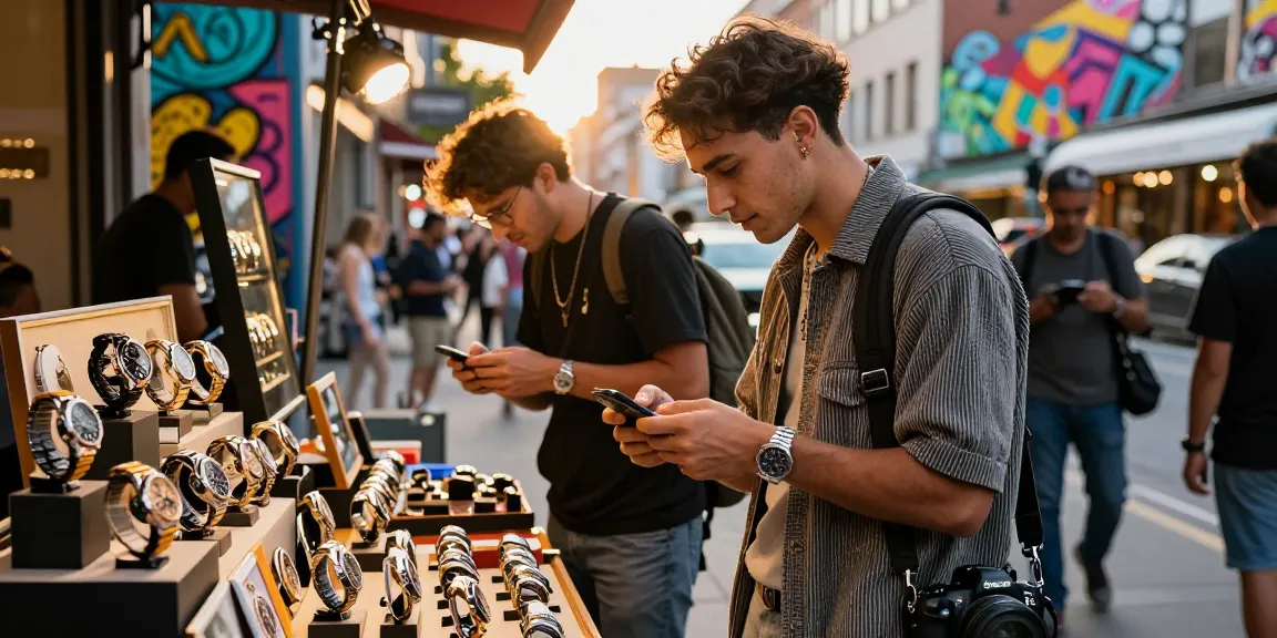 Person admiring luxury clone watches in an urban watch shop, showcasing elegance and style.