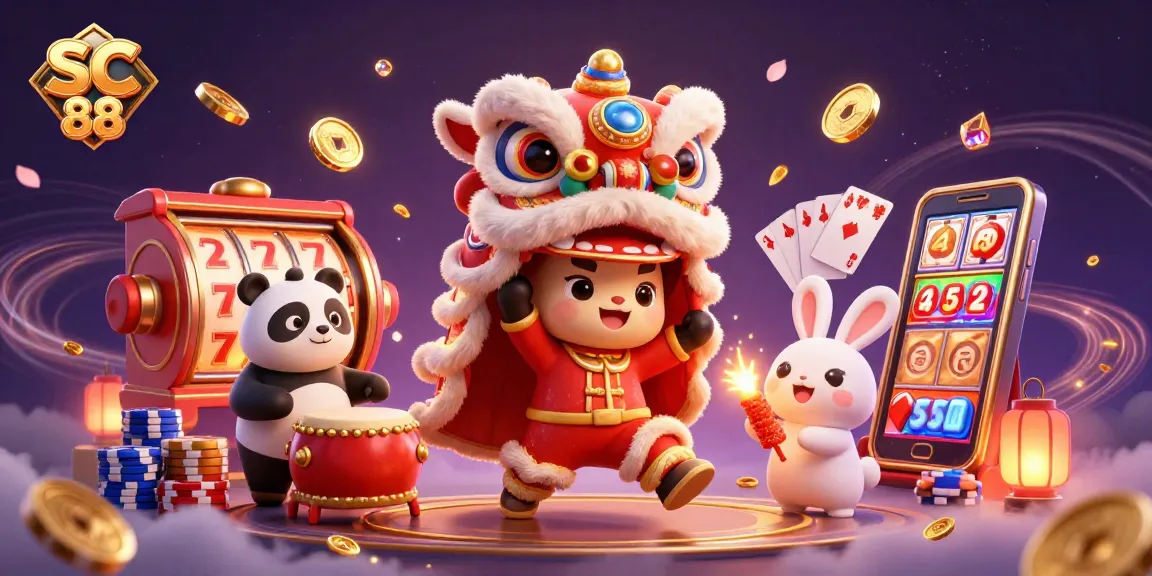 Experience SC 88's vibrant casino excitement with dazzling characters, coins, and gaming elements in a dynamic scene.