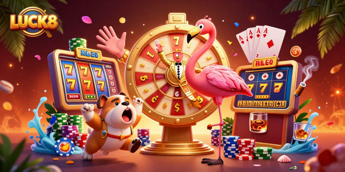 LUCK8 showcases vibrant slot reels and engaging game characters in a dynamic casino scene.