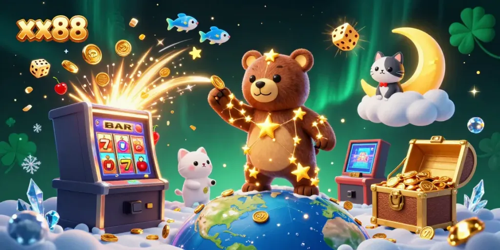 Experience the excitement of xx88 with a spectacular casino-themed 3D illustration showcasing vibrant gaming elements.