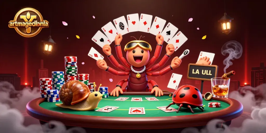Experience artmageddonla with a vibrant 3D casino scene featuring a millipede dealer and high-stakes action.