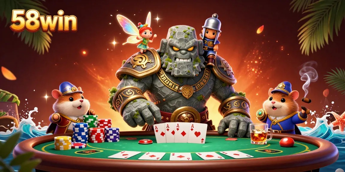 Experience the thrill of 58win with magical golems, poker chips, and enchanting visuals.