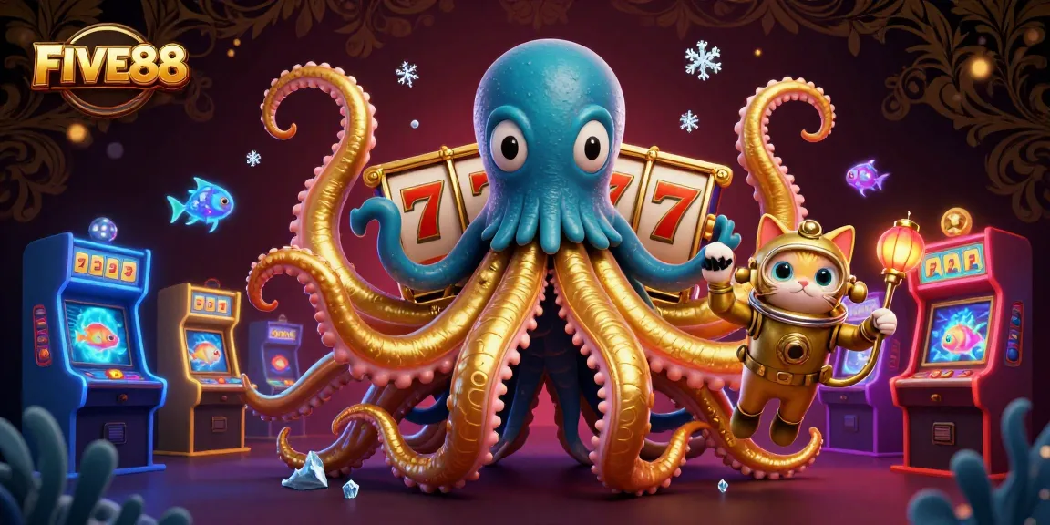 Experience thrilling action at FIVE88 with a kraken and diving cat in this vibrant gaming scene.