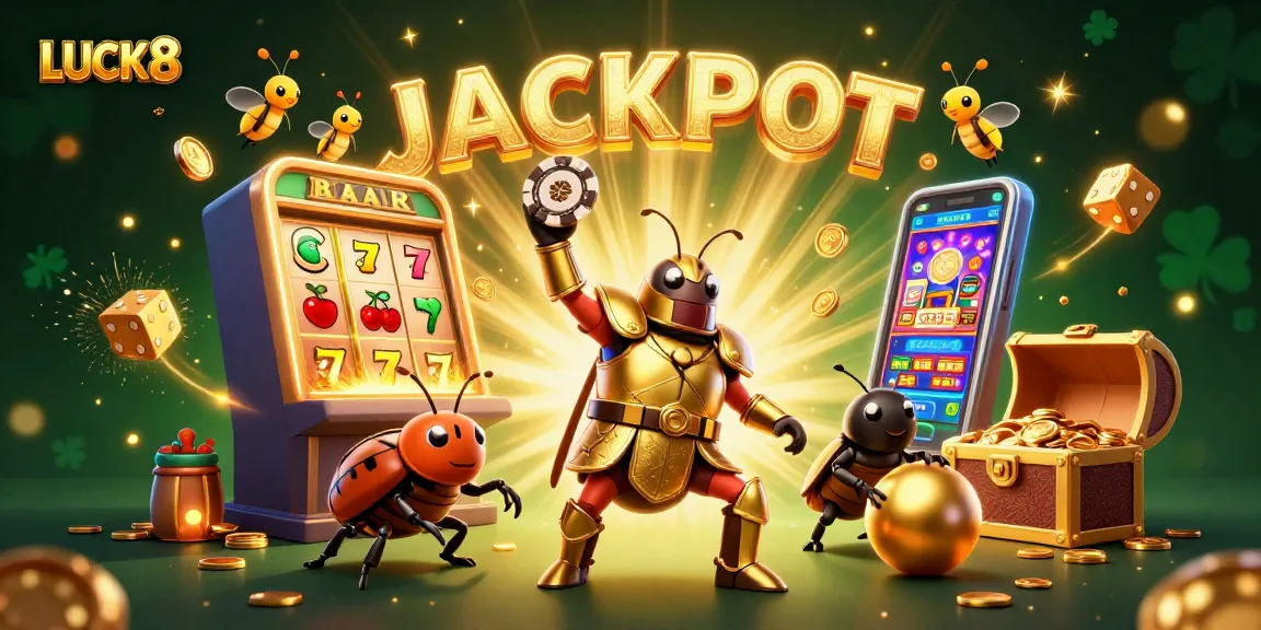 LUCK8 showcases thrilling jackpot moments with cartoon beetles amidst vibrant casino elements for an engaging experience.