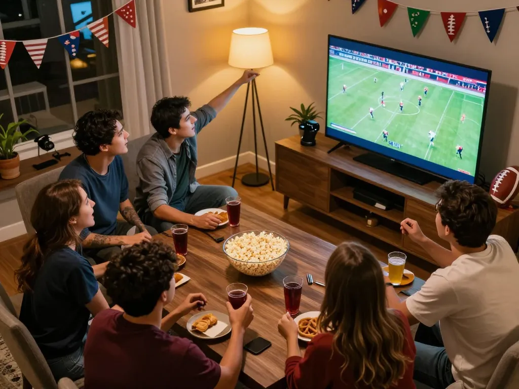 Watch friends enjoying trực tiếp đá bóng during an exciting football match, with live streaming on TV.
