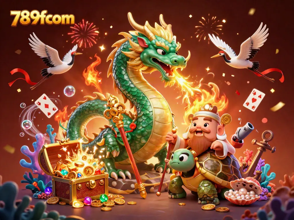 Exciting 789fcom casino scene featuring a jade dragon, turtle sage, and playful cranes amidst treasures and gaming elements