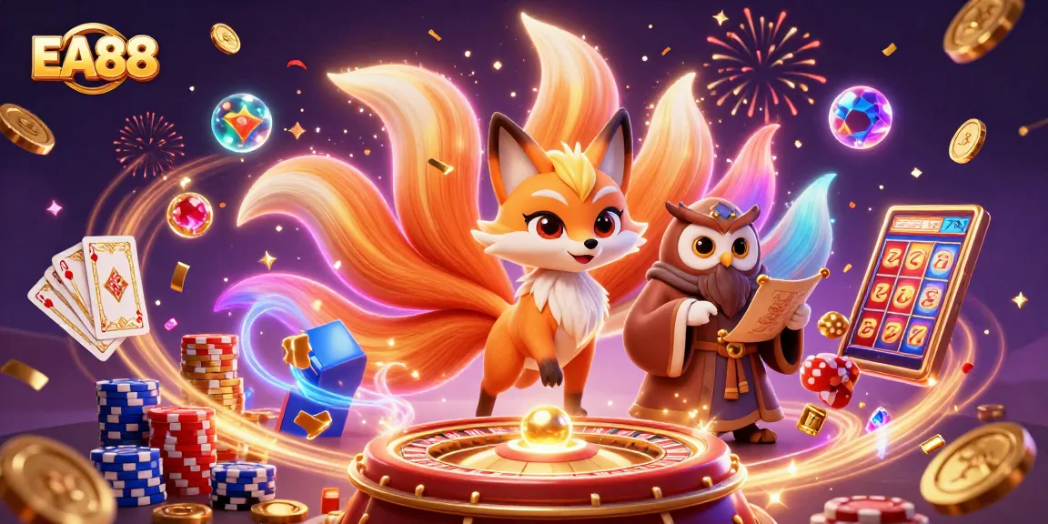 EA88 showcases vibrant gaming excitement with a nine-tailed fox, wise owl, and lively casino elements.