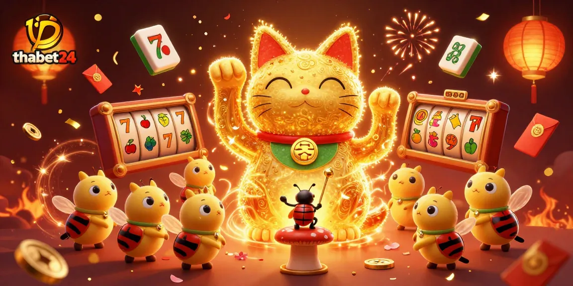 Engage with dynamic thabet24 casino action featuring a lucky cat and vibrant slot elements.