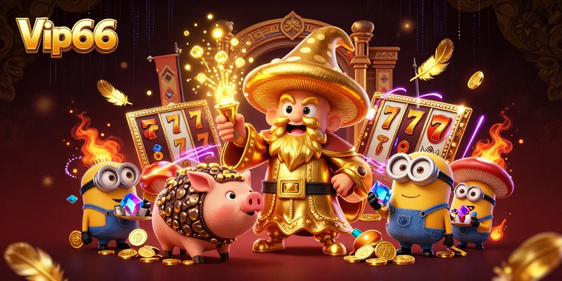 Vip66 slot wizard and truffle pig surrounded by gold and gems in a magical casino scene