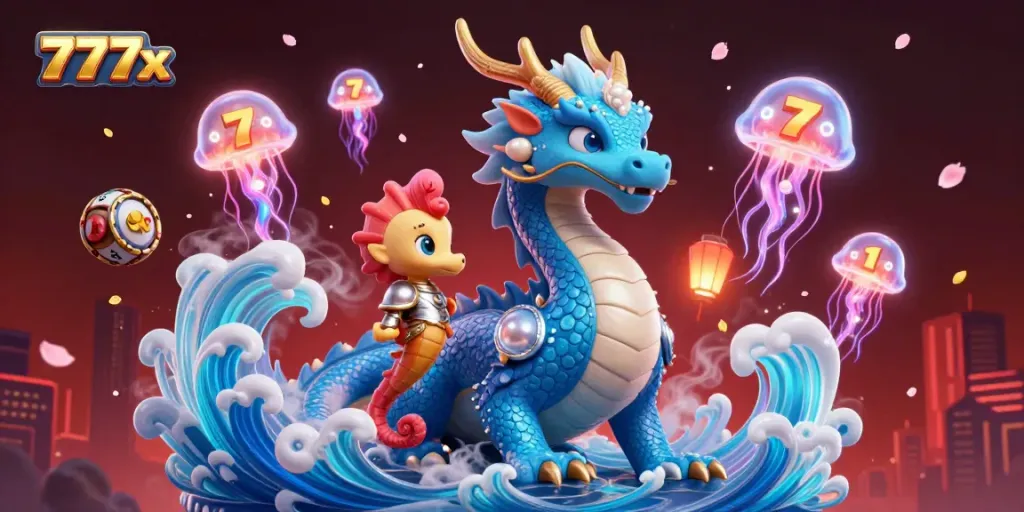 Engage with the magical 777x dragon and seahorse knight amidst vibrant casino-themed elements.