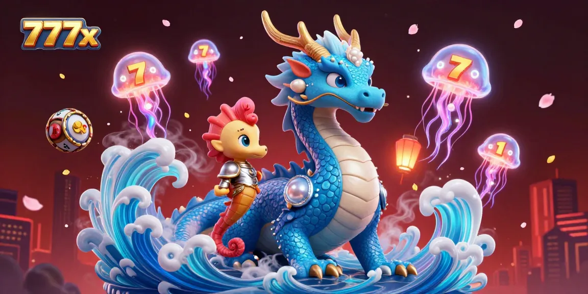 Engage with the magical 777x dragon and seahorse knight amidst vibrant casino-themed elements.