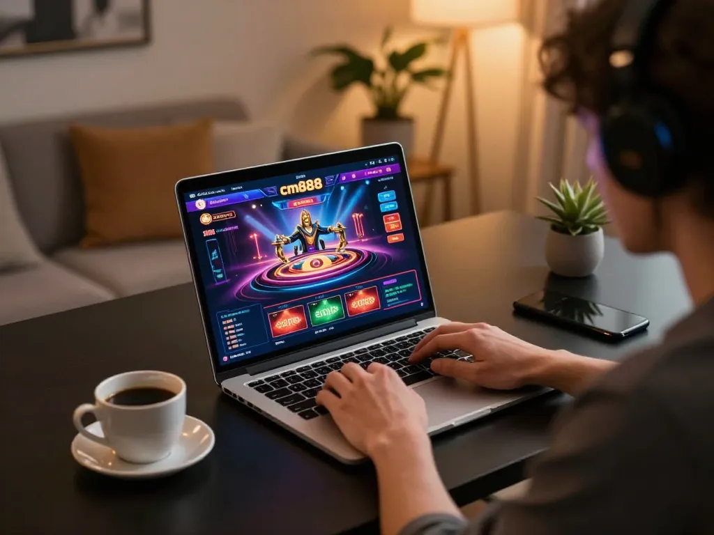 Engaging player using cm888 online casino interface on modern laptop in a cozy home setting