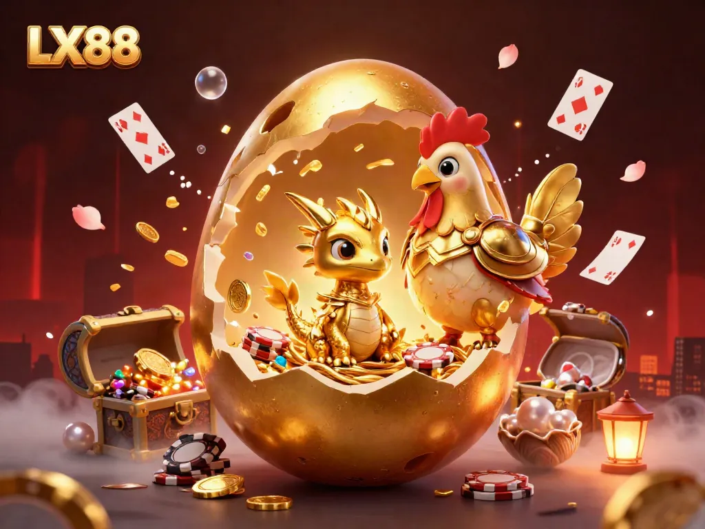 Experience thrilling gameplay at LX88 with a golden dragon on poker chips, vibrant casino elements surround.