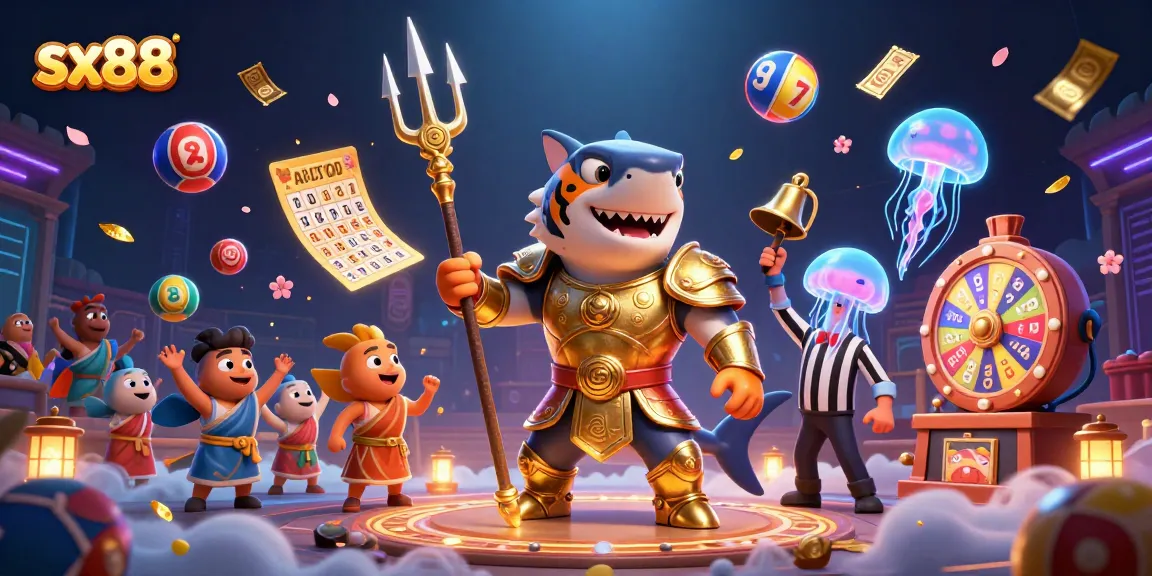 SX88 players winning prizes in a vibrant underwater scene with a tiger shark, lottery elements, and dynamic gaming atmosphere.