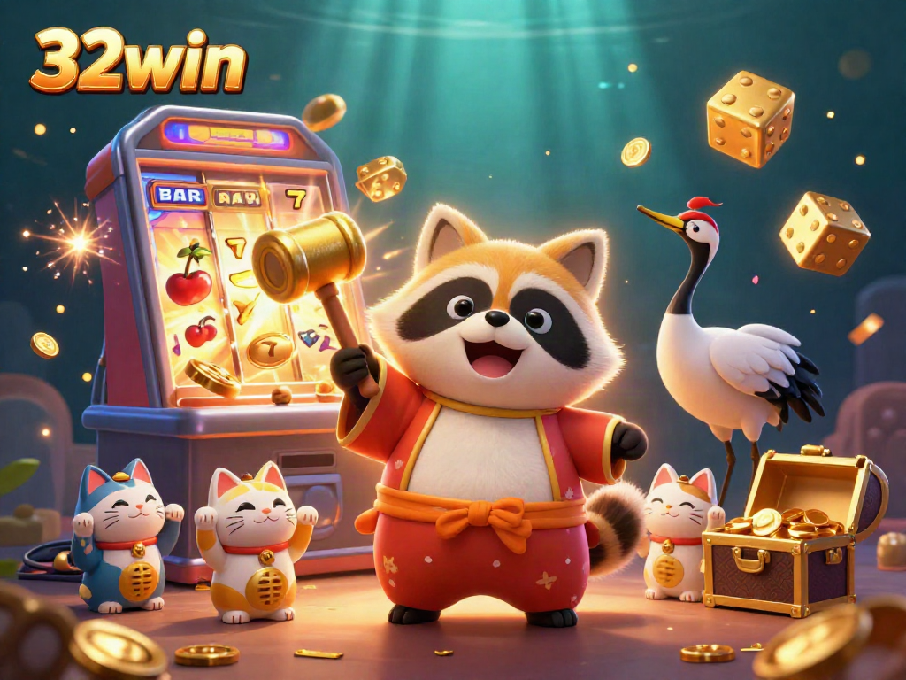 Spin the 32win slot machine with joyful characters and vibrant casino elements!