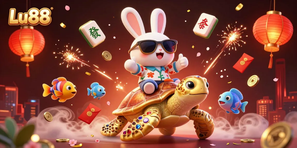 Join the fun with Lu88, where players ride a golden sea turtle while enjoying vibrant casino elements.