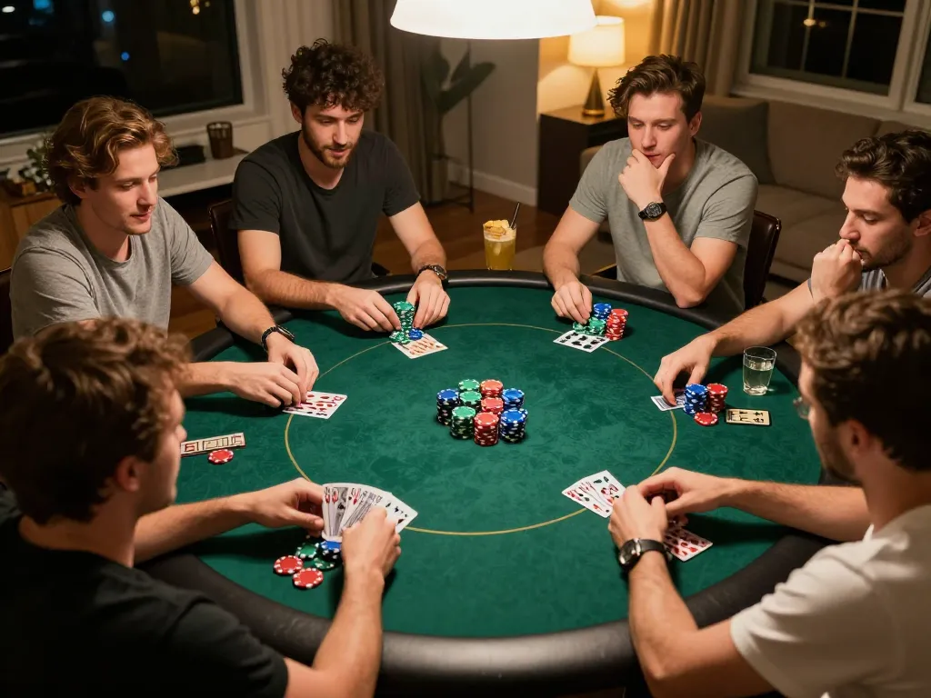 Các người chơi 12bet tận hưởng một trò chơi poker tại nhà sôi động với những chip và lá bài đầy màu sắc