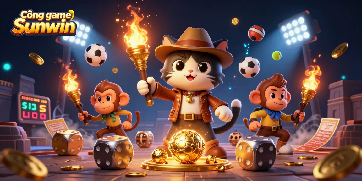 Cổng game Sunwin highlights immersive adventures with a cartoon archaeologist cat amidst golden casino artifacts.