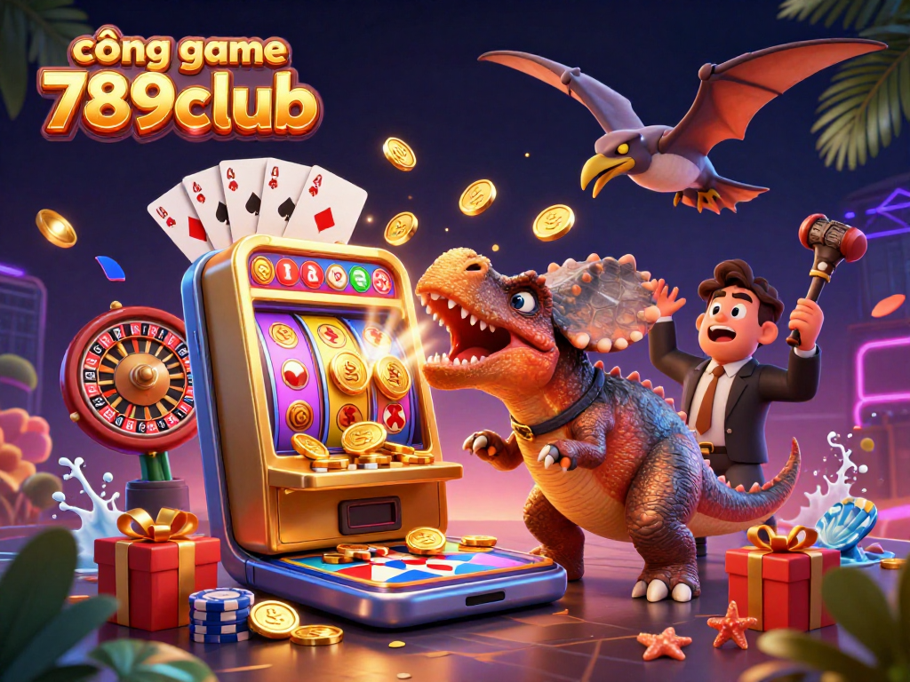 Experience fun and excitement at cổng game 789club with pachycephalosaurus and coins flying from a slot machine.