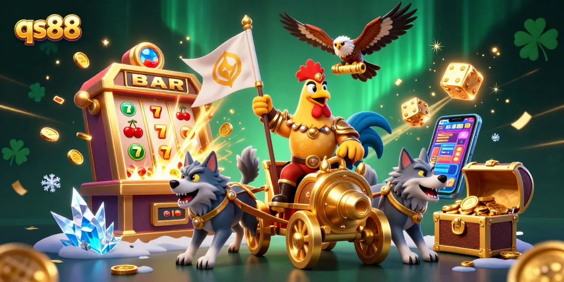 Experience the excitement of qs88 with a dynamic 3D casino illustration showcasing thrilling slots, a rooster warlord, and epic jackpots.