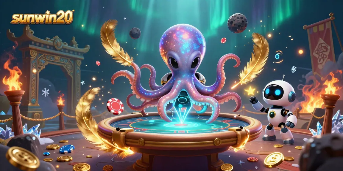 Experience sunwin20's exciting poker table scene with a dynamic alien octopus and robot companion.
