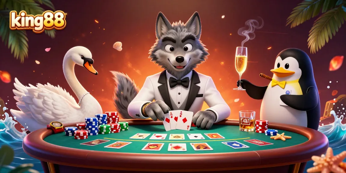 Experience excitement at king88 with a charming wolf, elegant swan, and stylish penguin in an immersive casino scene.