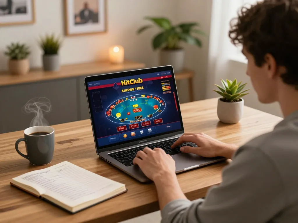 Hitclub player strategizing over a laptop in a cozy home setting, enhancing gaming experience.