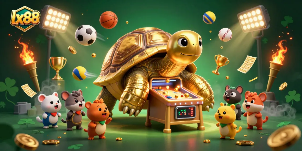lx88 showcases an engaging game scene with a golden tortoise pinball machine, lively sports elements, and vibrant casino atmosphere.