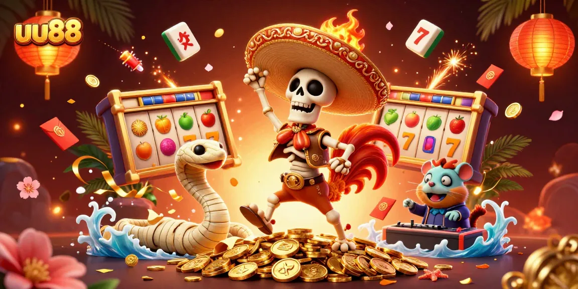 uu88 brings excitement alive with cartoon characters celebrating jackpot wins in a vibrant casino setting.