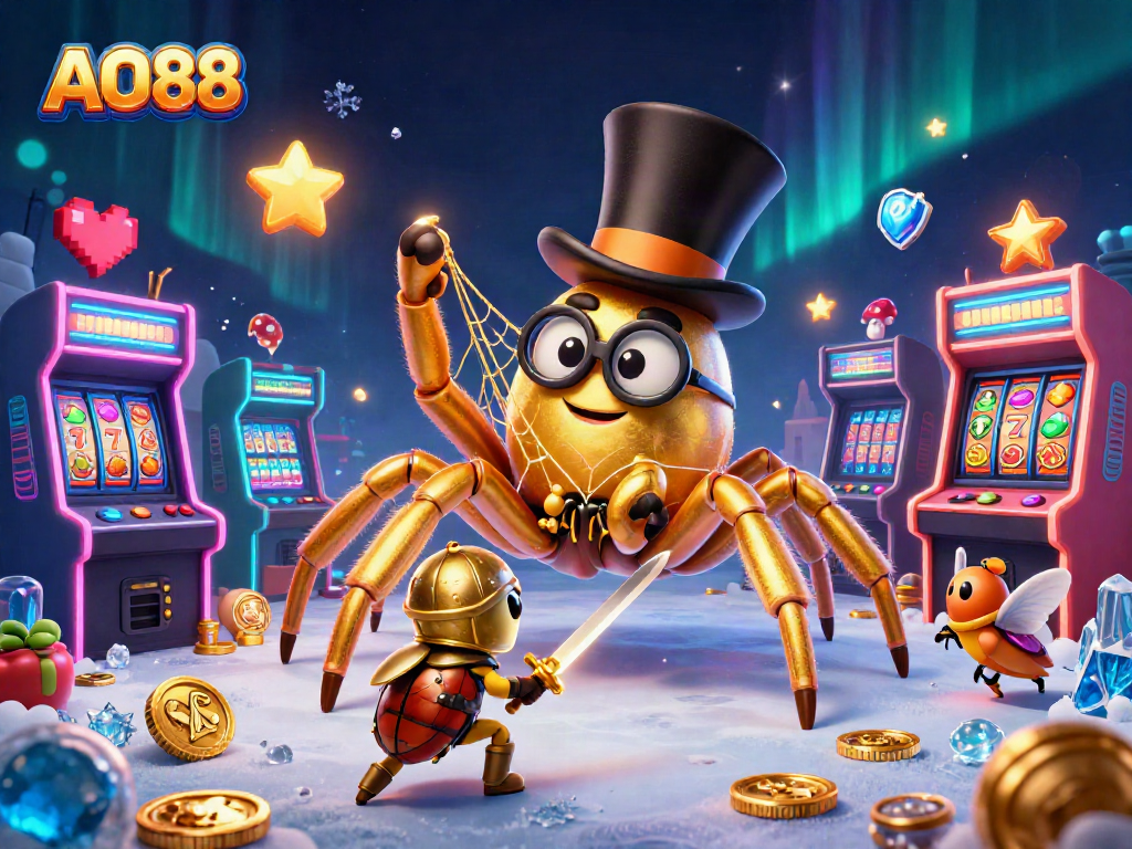 Experience AO88's vibrant casino adventure with a golden tarantula and beetle knight among slot machine symbols.