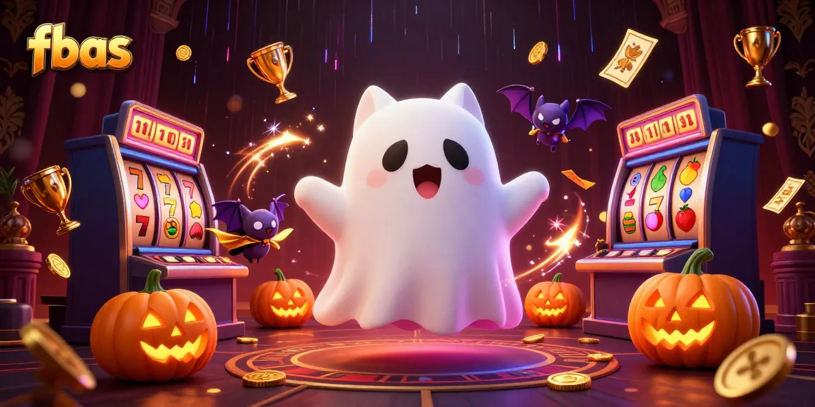 Engage with fbas at a vibrant haunted casino showcasing slot games and lively characters.