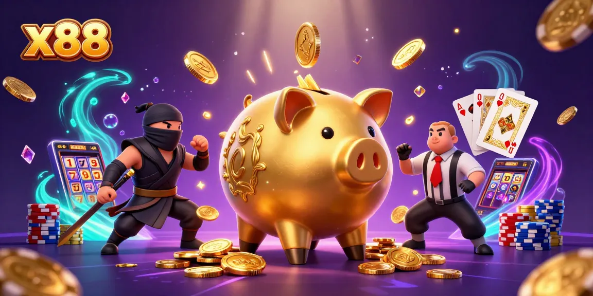 Spin the reels with x88's exciting casino features, showcasing stunning golden characters and vibrant gambling elements.