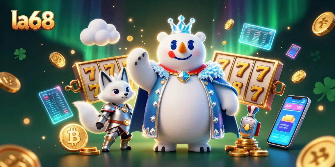 Engage with la68's thrilling jackpot games featuring an ice king polar bear and a silver fox in a dynamic casino scene.