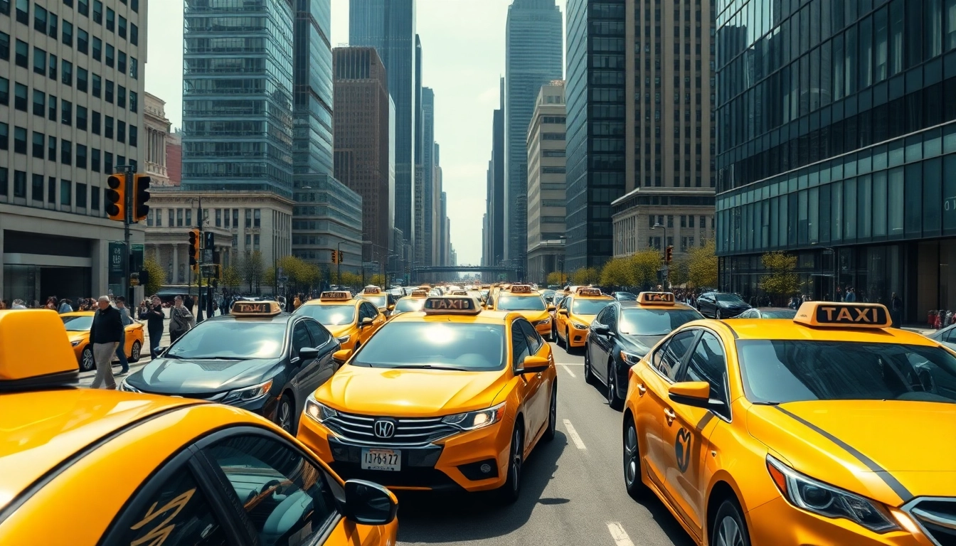 Taxis weaving through a busy urban intersection, showcasing city life and transit efficiency.