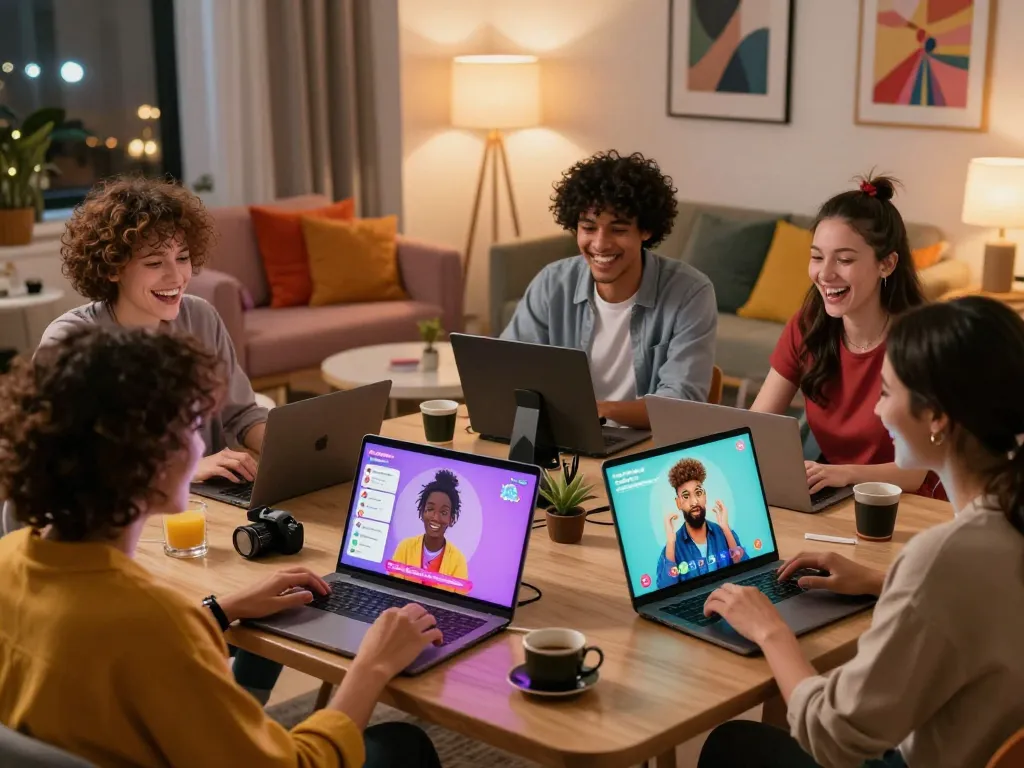 Engaging adults in a lively sexchat session with animated characters and modern tech setup in a cozy atmosphere.