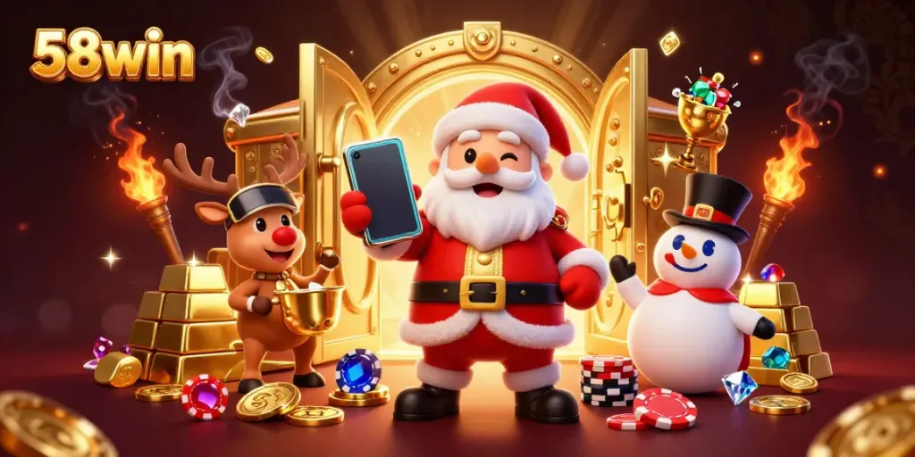 Experience the thrill of 58win with Santa and friends celebrating jackpots in a vibrant casino
