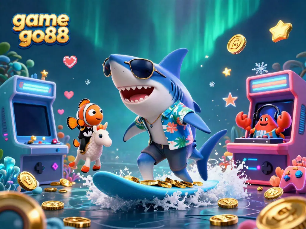 Immerse yourself in game go88 with vibrant characters surfing gold coins in a digital casino ocean.